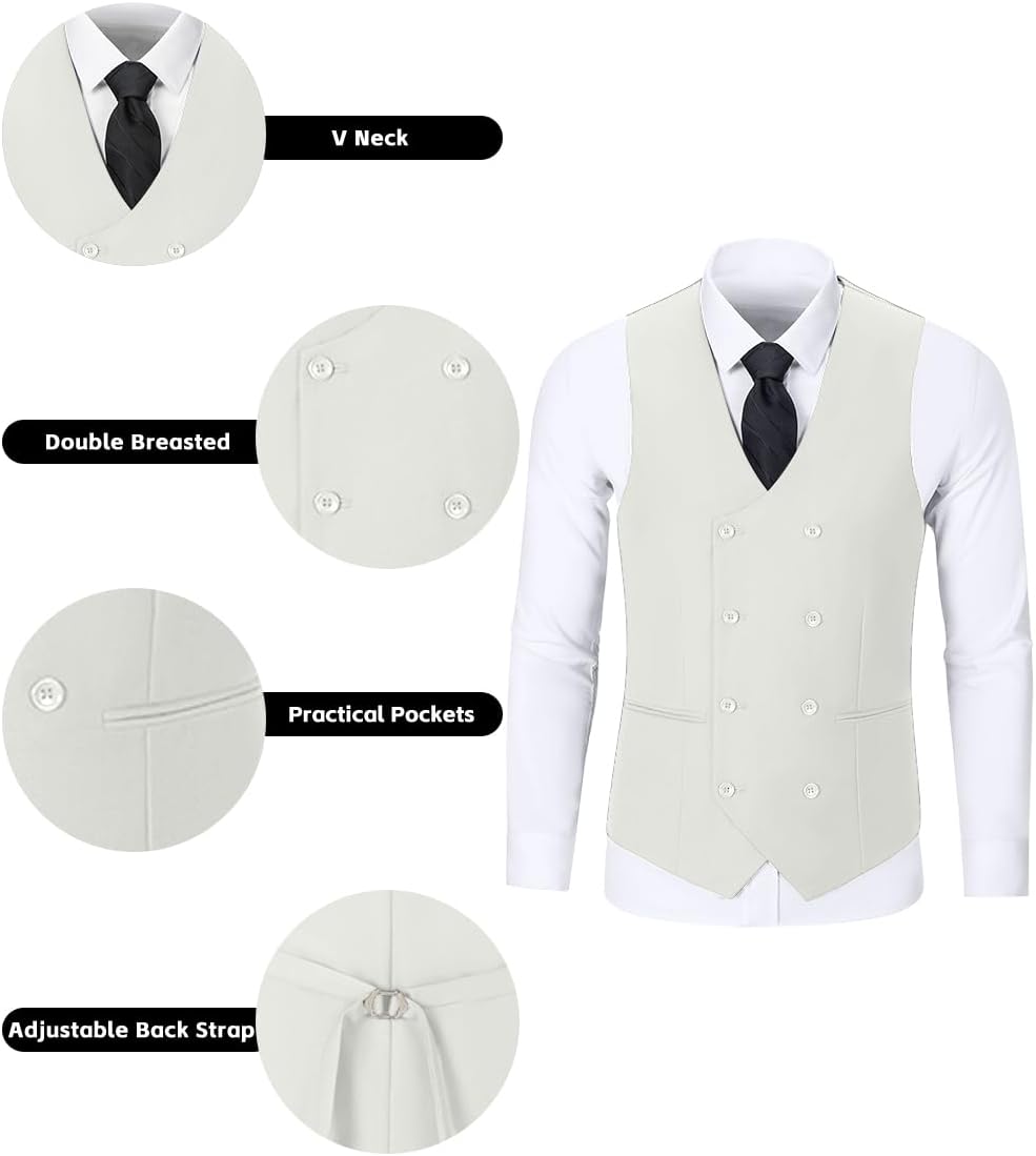 Mens 3 Piece Slim Fit Suit Set, Double Breasted Blazer Vest Pants Business Tuxedo Dress