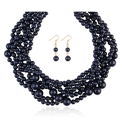 MYS Collection Braided Chunky Cluster Bead Bubble Statement Necklace - Multi Strand Twisted Colorful Twisted Ball Hammock Bib Collar Acrylic, Sparkly Crystal (Twisted Bauble - Navy)