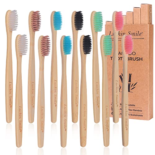 Cepillos de Dientes de Bambú, LuckinSmile Pack 12 Cepillo de Dientes en 6 Colores para Toda La Familia, Cepillo Dientes Fáciles Distinguir, Cepillo Dientes Bambu Ecológico, 100% Biodegradable,Sin BPA