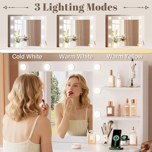 Image of YESHOMY 35.4 inch Vanity Desk with Mirror & Lights, Power Outlet and 3 Storage Shelves, Makeup Vanity Table with Open Shelves for Bedroom Dressing Room,Clean White
