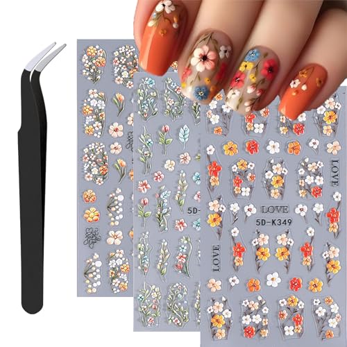 Flower Nail Art Stickers, 5D Embossed Spring Nail Decals Summer Nail Art Design Self-Adhesive with Tweezers, Colorful Flower Stickers for Women Manicure 3 Sheets