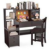 RUPOLX Espresso Kids Desk and Chair Set for 5-12 Year Old, Childrens Computer Desk with 4 Drawers, Kids Study Table with Storage Shelf -IxX-40