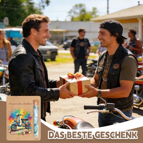 Motorrad Geschenke Holz Roller Retro Motiv für Männer Frauen Wunscherfüller Moped Zubehör Lustige Geschenkidee Geburtstag Motorrad Set mit Reagenzglas und Box hölzern 13x10cm