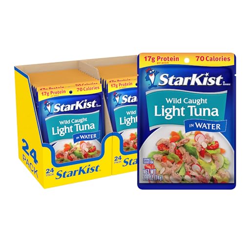 StarKist Chunk Light Tuna in Water, 2.6 oz Pouch (24 Pack) Ready to Eat Wild Caught Tuna, 17g Protein, 70 Calories Per Serving, Gluten Free, Soy Free, Kosher, Perfect for Salads, Keto Meals and Snacks
