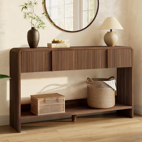 Image of AMERLIFE 55 inch Fluted Console Table with 2 Drawers and Open Shelf, Modern Entryway Table with Rounded Edges, Wood Sofa Table for Hallway, Foyer, Behind Couch, Living Room, Brown