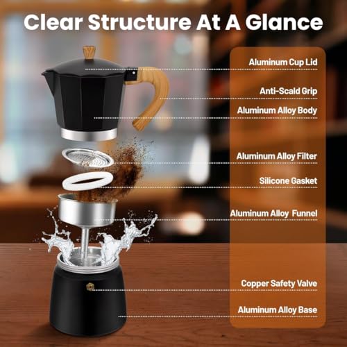 Image of Moka Pot 6-Cup 300ml, Premium Matte Black Stainless Steel Stovetop Espresso Maker for Induction & All Heat Sources | Brew Rich, Italian-Style Coffee at Home with Durable, Easy-to-Clean Design