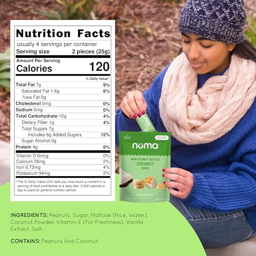 Image of Numa Foods Mini Coconut Peanut Butter Bars - Vegan, Low Sugar, High Protein, All Natural, Gluten Free - Crunchy Plant Based Peanut Butter Snacks - 3 Bags with 8 Individually Wrapped Protein Bars