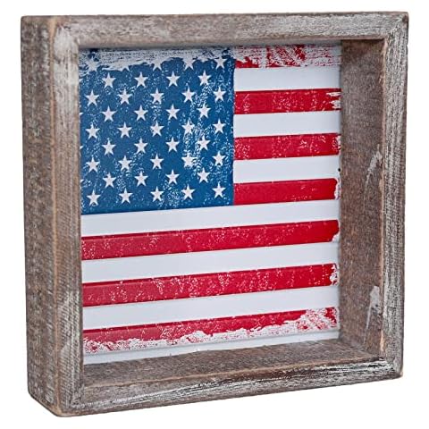 FESTWIND 4th of July Tiered Tray Decor, Wood Frame Embossed Metal USA Flag Block Sign, American Flag Table Decor for Fourth of July, Memorial Day, Patriotic Wood Decor for Shelves Cover