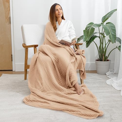 Image of Comfy Cubs Muslin Throw Blanket - 50 inch x 60 inch Quilted Design - Lightweight, Breathable 6-Layer Gauze Fabric - Soft Cotton Blanket for Home or Travel - Packaged in Elegant Gift Box - Cream