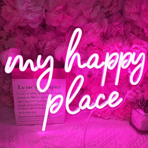 Image of SYLHOME Pink My Happy Place LED Neon Light Sign USB Girls Babys Bedroom Living Room Kitchen Wall Decor Sign Wedding Party Sign Christmas Birthday Gifts 15.8 inch X 11.2 inch 5V Teens