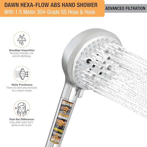 Image of Ruhe Dawn Multi-Functional Hexa-Flow Modes ABS Hand Shower | Hard Water Softner Filtered Handheld Shower with 1.5 Meter 304-Grade Stainless Steel Hose & Hook