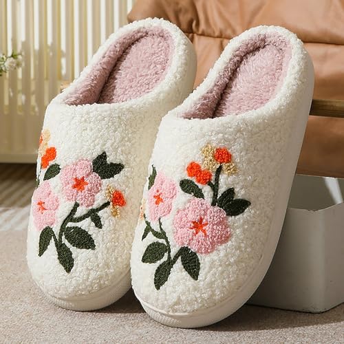 Slippers For Women Fuzzy, Women's House Slipper Cute Retro Embroidery Plush Memory Foam Slippers Warm Bedroom Couple Shoes Comfortable2