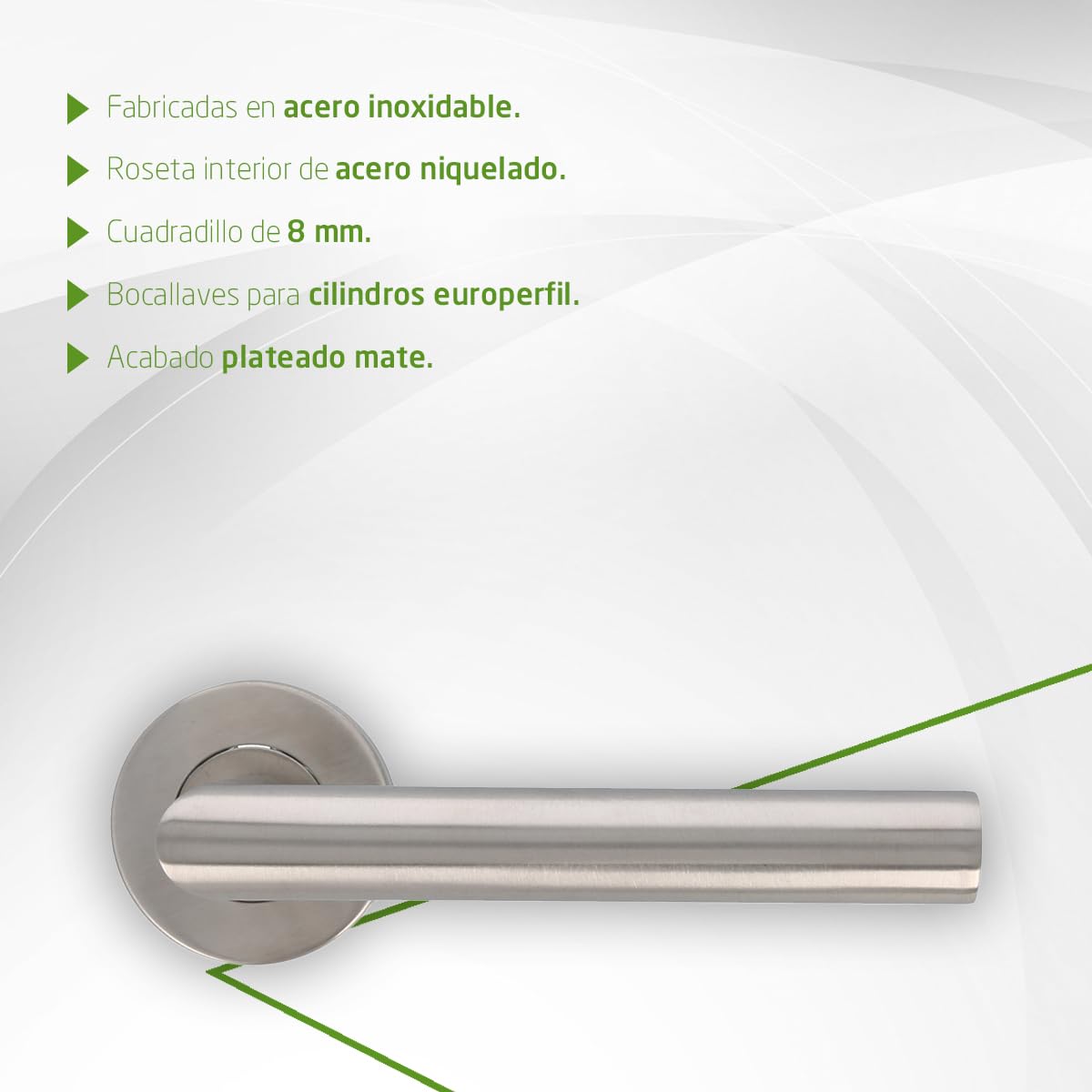 Amig - Pack de 5 Manillas con Roseta para Puertas | 136 x Ø19 mm | Diseño Elegante y Sencillo | Ideal para tu hogar u oficina | Acero inoxidable | Plateado Mate | Incluye Bocallave para Cilindros