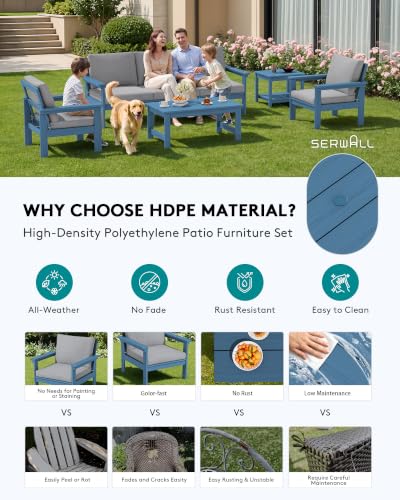 Image of SERWALL HDPE Outdoor Patio Furniture Set Outdoor Couch | All Weather Outdoor Sectional with Coffee Table & Side Table, Blue Frame & Gray Cushions