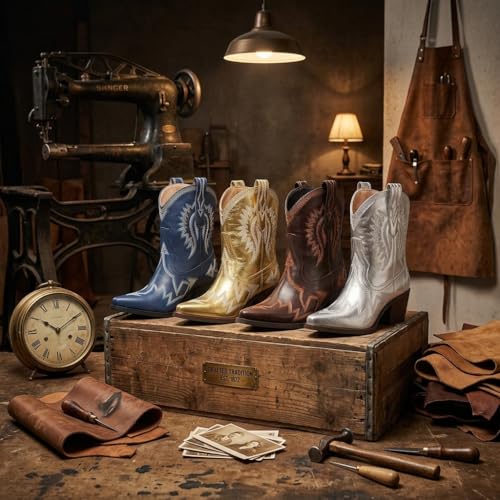 Image of HOCHFART Western Boots for Women Metallic Embroidered Pointed Toe Cowgirl Boots Chunky Heel Pull-On Short Cowboy Boots Wide Calf Country Ankle Boots