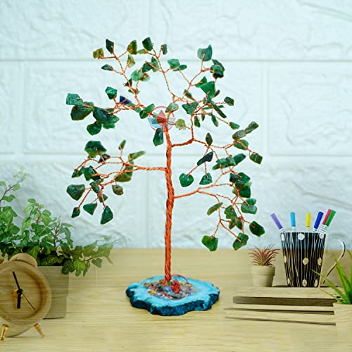Image of REMEDYWALA Charged Green Jade Crystal Tree with Agate Slice Base for Reiki Healing (100 Beads)