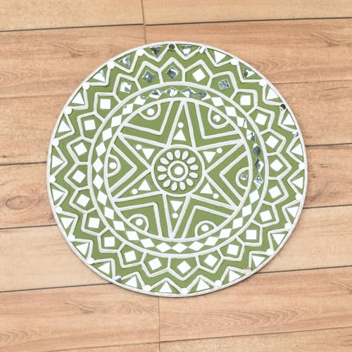Image of Ethnics of Kutch Traditional Kutch Handicraft Mud-Mirrorwork Lippan Kam Wall Art (Water and Break Resistant) - Square (12 inch x 12 inch) - (Pista - LKT-0254)