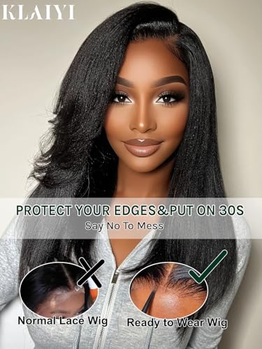 Image of KLAIYI Yaki Straight Wig Side Bangs Bye Bye Knots Precut 7x5 HD Lace Front Wigs Human Hair Glueless Drawstring Layered Cut Pre Plucked Bleached Pre Everything 3S Ready to Wear and Go Kinky Wig 22Inch