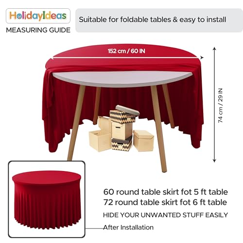Image of HolidayIdeas 6 Pack Red Spandex Table Skirt for 60 Inch Round Tables, Fitted Stretch Tablecloth for 5 Ft Circular Tables, Wrinkle Resistant Ruffle Design for Valentine's Day, Monther's Day, Weddings