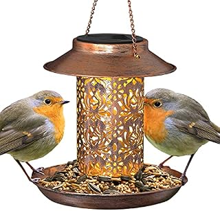 GloBrite Solar Bird Feeder, Bird Feeders for Outdoors Hanging, Heavy Duty Metal Wild Bird Feeders with Light for Garden Yard Outdoor, Unique Lantern Shape Vintage Decorative Gifts