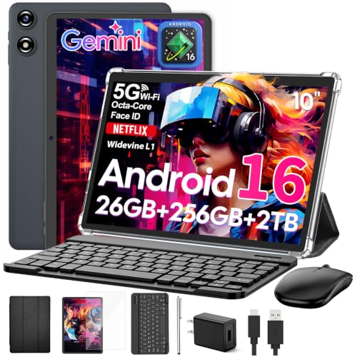Image of Android 16 tablet 10 inch, Android Tablet with Keyboard, 26GB+256GB+2TB Expand, Electronic Tablet PC with Gemini, 8-Core, 8000mAh, 5G WiFi, GPS, GMS, 2 in 1 Tablet with Case /Mouse /Stylus(Black Case)