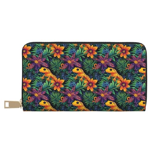 Tropical Lizard Print Wallet Women, Leather Bifold Multi Card Wallet, Long Purse Women's Wallets