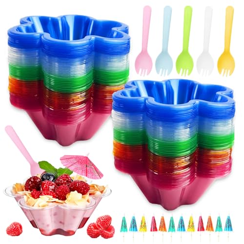 Huaerle 150 Pieces Ice Cream Cups and Spoon with Paper Umbrellas, Colorful Small Plastic Dessert Bowls Snack Ice Cream Cups for Holiday Party Summer Cookout Kids Birthday, 8 OZ