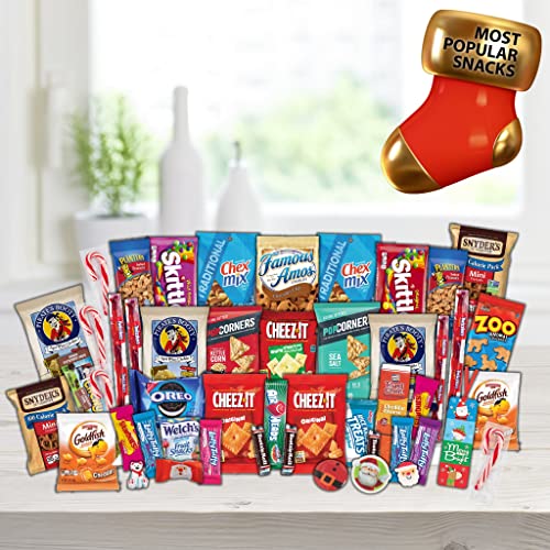 Image of Gift A Snack - Christmas Candy Stocking Stuffers, Pre-filled Holiday Snack Box Care Package + Greeting Card (50 Count) Sweet Treats Gift Basket, Candies Chips Office Food Assortments