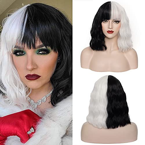 Cying Lin Short Bob Wavy Curly Wig Black and White Air Bangs Wig For Women Cosplay Halloween Wigs Heat Resistant Bob Party Wig (Black and White)