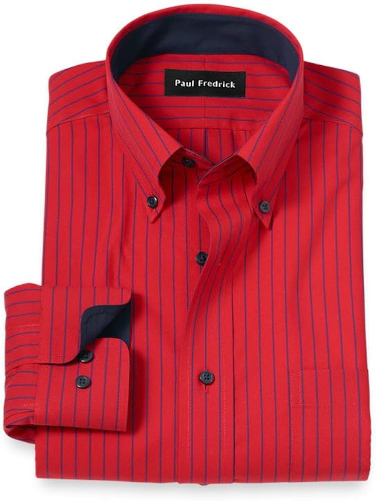 Amazon.com: Paul Fredrick Men's Slim Fit Non-Iron Cotton Stripe Dress Shirt  Red 14.5