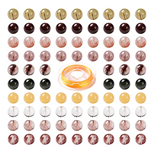 BEEFLYING 100 Pcs 8mm Round Natural Rutilated Quartz Beads Mixed Color Round Loose Beads for DIY Stretch Bracelets Kits Making