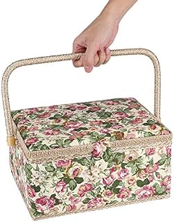 Sewing Box,Portable Rural Style Fabric Floral Printed Sewing Basket Rectangle Sewing Needles Tape Measure Storage Box Organizer with Handle and Storage Sections for Household Sundry,30.5x23x15.5cm
