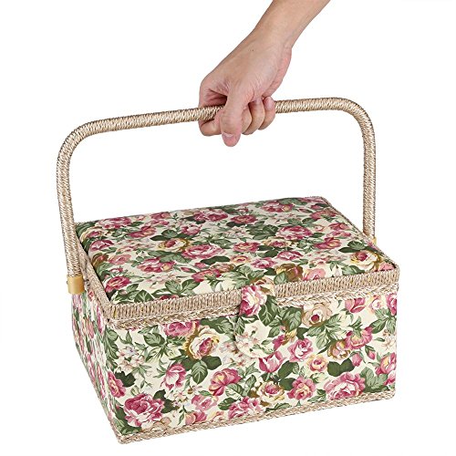 Caja de costura SOULONG organizador rectangular de madera y plástico marrón para hilos 3