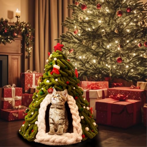 Christmas Tree Cat House, DIY Felt Christmas Tree Cat Bed Set with Decoration, Hideaway House for Cats and Kittens, Make Your Own Pet Indoor Teepee, Christmas Decorations for Family and Friends (A)