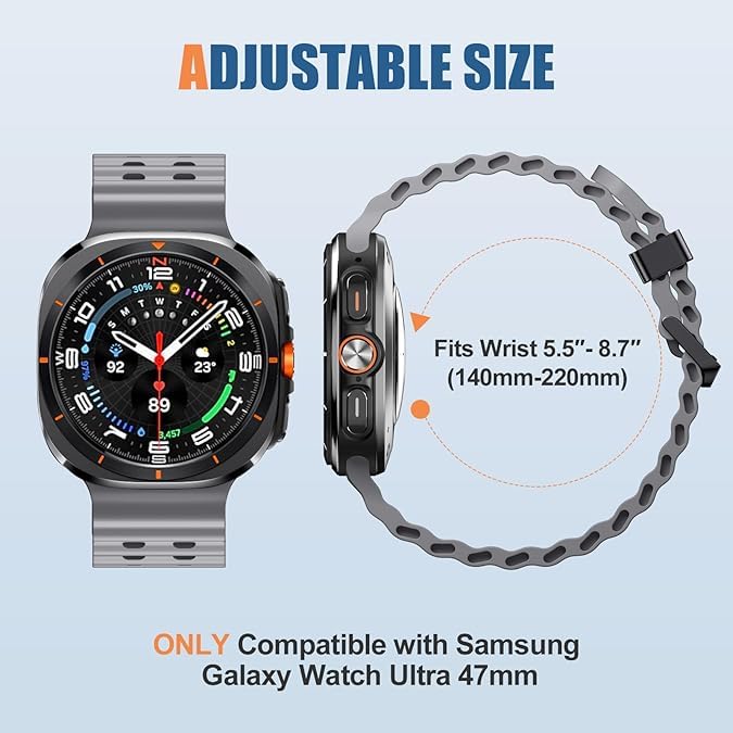 Image of CERLINK Ocean Silicone Sport Bands For Samsung Galaxy Watch Ultra 47MM Band, Adjustable Breathable Soft Waterproof Strap For Galaxy Watch 7 Ultra