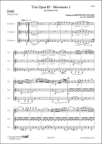 Partition Trio Opus 87 de Beethoven pour trois clarinettes mouvements 1 à 4