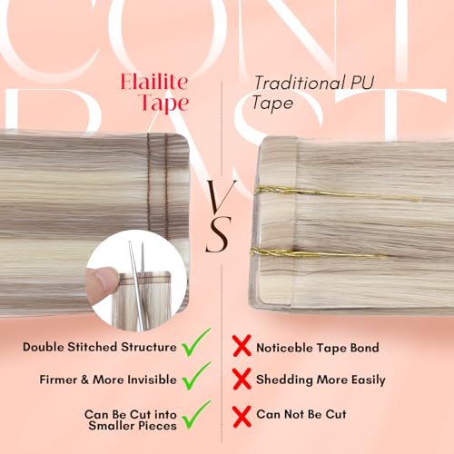 Image of Elailite Tape in Hair Extensions Human Hair Thick Real Remy Hairpieces Ash Blonde & Bleach Blonde 12 Inch 40g 20pcs Straight Invisible Seamless Skin Weft Best Tape for Women