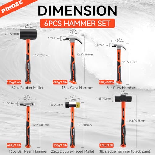 Image of PINOZE 6-Piece Hammer Mallet Set with Fiberglass Handle Forge Steel Head, 16oz Ball Pein Hammers | 32oz Rubber Mallet | 3lb Sledge | 16oz & 8oz Claw Hammer | 22oz Double-Faced Mallet