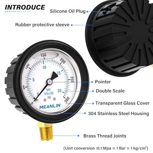 Image of MEANLIN MEASURE 0~300Psi Stainless Steel Liquid Filled Pressure Gauge 1 /4 inch NPT 2.5 inch FACE DIAL with Rubber Protective Sleeve, Lower Mount