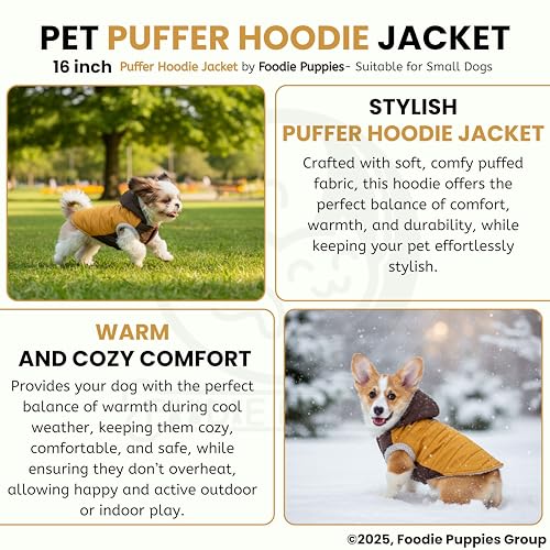 Image of Foodie Puppies Dog Puffer Hoodie Warm Winter Jacket - (Yellow Olive, 16 Inch) for Small Dogs | Ultra Warm Waterproof & Windproof Fur Coat | Washable Pet Vest Apparel for Cold Weather