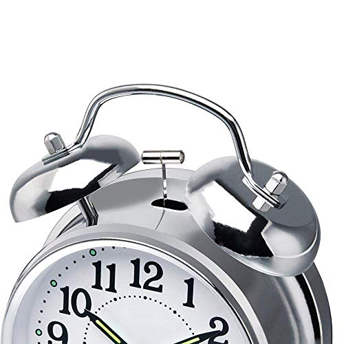 Image of Vintage Twin Bell Table Top Alarm Clock with Night LED Light Analog Display Extra Loud Alarm Sound Steel Clock for Wake-up Time Morning Walk Home Decor(Silver -White, 11cm)