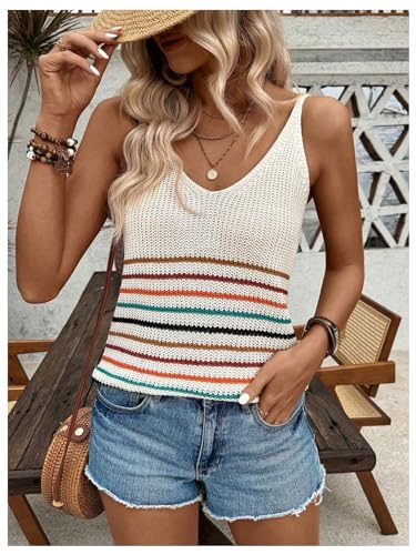 SweatyRocks Women's Colorful Striped V Neck Knitted Cami Tops Sleeveless Spaghetti Strap Tank Tops4
