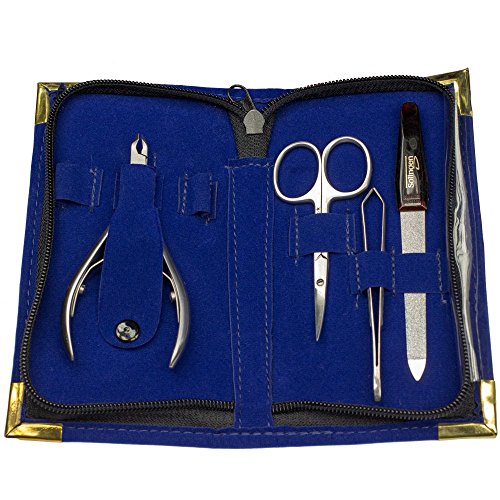 Estuche de terciopelo azul para el cuidado de las uñas - 4 piezas - Alicate pieles - Tijera fina para pieles y uñas - Pinza para depilar - Lima uñas de zafiro hecho en Solingen/Alemania