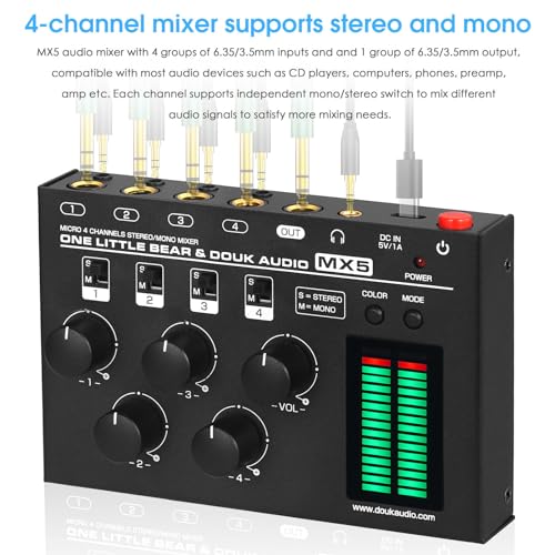 Douk Audio MX5 Mono/Stereo 4-Kanal Audio Mixer Ultra-rauscharmer Line Mixer LED Pegelmesser