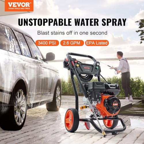 Image of VEVOR Gas Powered Pressure Washer 3400 PSI 2.6 GPM, with Spray Gun and Extension Wand, 5 Quick Connect Nozzles, Copper Pump