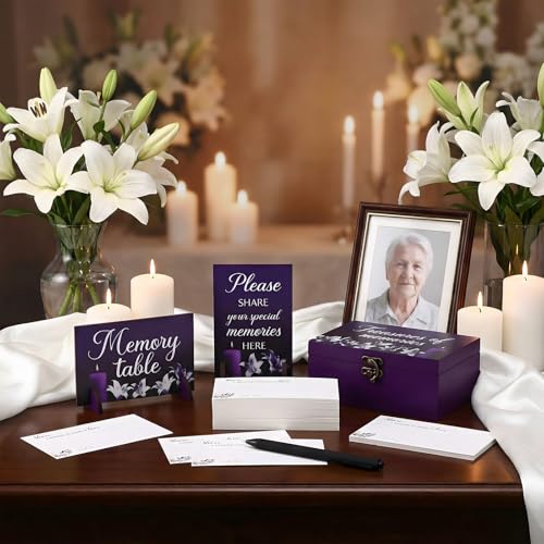 Image of Gilprop 112 Pcs Celebration of Life Memory Cards Set Share a Memory Cards with Box 2 Wood Sign with 4 Hold and 5 Pens, Sympathy Memorial Gifts Funeral Keepsake Decorations (Lily)