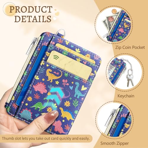 Image of Kelvoris Cute Dinosaur Credit Card Holder, Small Wallet Women, Slim RFID | Keychain, Zipper Coin Pocket, Front Pocket Thin Travel Card Case, Minimalist, 6 Card Slots, 1 ID Window, Ladies Gifts Woman