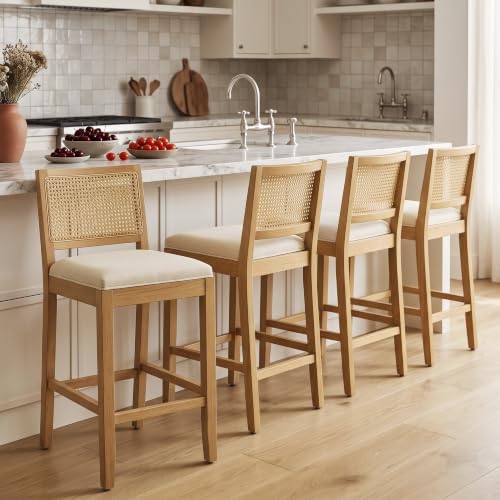 Butacos de altura para barra en mimbre, set de 4 unidades, respaldo de caña, estilo granja, cojín tapizado en lino, patas de madera maciza, estilo moderno de mediados de siglo, color beige miniatura 1
