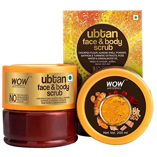 WOW Skin Science Ubtan Face & Body Scrub with Chickpea Flour, Almond Shell Powder, Safron & Turmeric Extracts, Rose Water & Sandalwood Oil Scrub - 200 ml