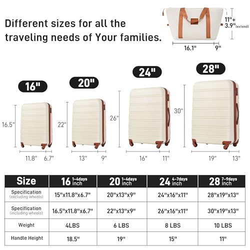 Hardshell Luggage Sets 4 pcs + Bag Spinner Suitcase with TSA Lock Lightweight-16+20"+24"+28" Luggages,Brown+White2
